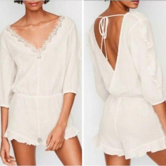 Victorias Secret White Lace Trim Romper Open Back & Tie Long Sleeves Womens S - Picture 3 of 9